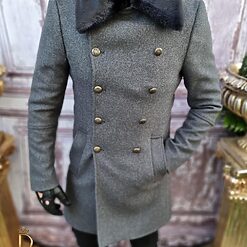 Palton de barbati Slim Fit Gri petrol Guler de blana PT421 5