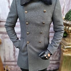 Palton de barbati Slim Fit Gri petrol Guler de blana PT421 6