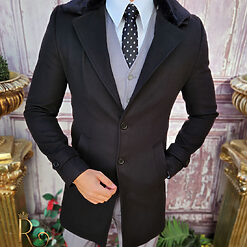 Negru cu guler detașabil de blana - PT448-Paltoane