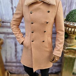 Palton de barbati Slim Fit crem guler de blana PT417 4