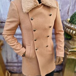 Palton de barbati Slim Fit crem guler de blana PT417 6