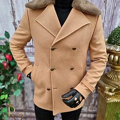 Palton de barbati crem cu blana la guler croiala slim fit PT405 3