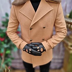 Palton de barbati crem cu blana la guler croiala slim fit PT405 4