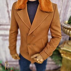 Palton maro de barbati Slim Fit cu guler de blana PT368 3