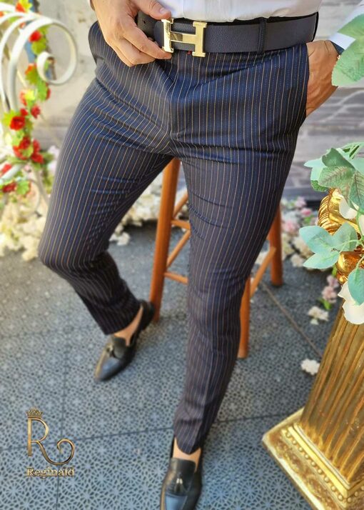 Pantaloni de barbati bleumarin in dungi aurii