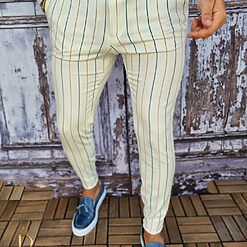 Pantaloni eleganti Slim Fit ivoire in dungi bleumaro PN500 2
