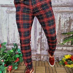 Bleumarin cu carouri roșii - PN609-Pantaloni