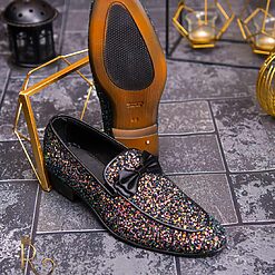 Pantofi Loafers Mocasini cu sclipici si funda neagra P710 2