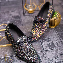 Pantofi Loafers / Mocasini cu sclipici si funda neagra - P710-Pantofi