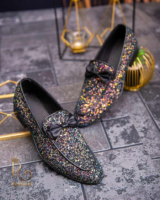 Pantofi Loafers / Mocasini cu sclipici si funda neagra - P710-Pantofi