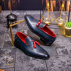 Pantofi Loafers de barbati din piele naturala Albastru gravat cu ciucuri rosii P1558 3