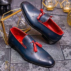 Pantofi Loafers de barbati din piele naturala Albastru gravat cu ciucuri rosii P1558 4