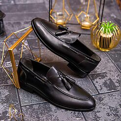 Pantofi Loafers de barbati din piele naturala Negru cu ciucuri P1555 2