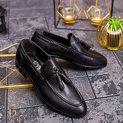 Pantofi Loafers de barbati din piele naturala Negru cu ciucuri P1555 3