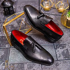 Negru gravat cu ciucuri - P1557-Pantofi