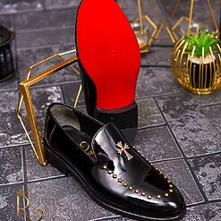 Pantofi Loafers de barbati din piele naturala Negru lacuit cu tinte P1620 2