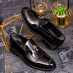 Pantofi Loafers de barbati din piele naturala Negru lacuit cu tinte P1620 3