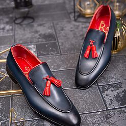 Pantofi Loafers de barbati din piele naturala bleumarin cu rosu P1628 2