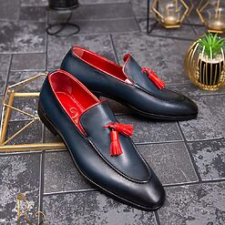 Pantofi Loafers de barbati din piele naturala bleumarin cu rosu P1628 3