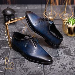 Pantofi eleganti de barbati din piele naturala Albastru gravat P1575 2