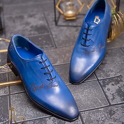 Pantofi eleganti de barbati din piele naturala Albastru gravat P1614 2
