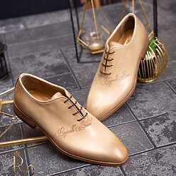 Pantofi eleganti de barbati din piele naturala Bej gravat P1561 3