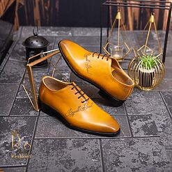 Pantofi eleganti de barbati din piele naturala Galben gravat P1563 2