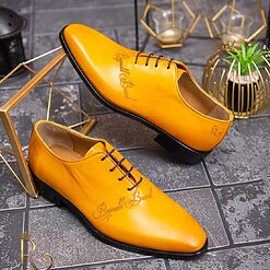 Pantofi eleganti de barbati din piele naturala Galben gravat P1565 3