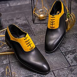 Pantofi eleganti de barbati din piele naturala Negru cu galben P1610 2