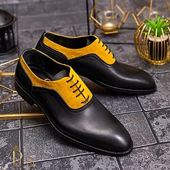 Pantofi eleganti de barbati din piele naturala Negru cu galben P1610 3