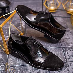 Pantofi eleganti de barbati din piele naturala Negru lacuit catifea P1547 2