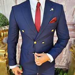 Sacou Bleumarin cu dungi si butoni aurii de barbati Slim Fit SC744 3