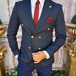 Sacou Bleumarin cu dungi si butoni aurii de barbati Slim Fit SC745 3