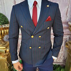 Sacou Bleumarin cu dungi si butoni aurii de barbati Slim Fit SC745 4