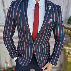 Sacou de barbati Bleumarin in dungi Croiala Slim Fit SC617 3