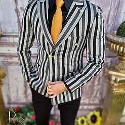 Sacou de barbati Gri in dungi Croiala Slim Fit SC634 3