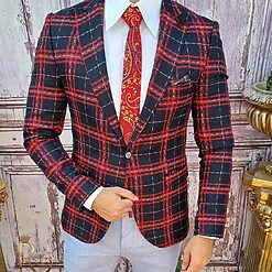 Sacou de barbati Slim Fit Bleumarin in carouri rosii SC707 3