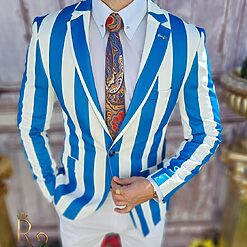 Sacou de barbati alb in dungi albastre croiala Slim Fit SC652 2