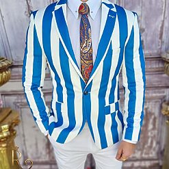 Sacou de barbati alb in dungi albastre croiala Slim Fit SC652 3