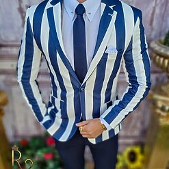 Sacou de barbati alb in dungi bleumarin croiala Slim Fit SC609 2