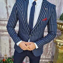 Sacou de barbati alb in dungi bleumarin croiala Slim Fit SC610 2