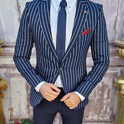 Sacou de barbati alb in dungi bleumarin croiala Slim Fit SC610 3