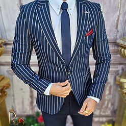 Sacou de barbati alb in dungi bleumarin croiala Slim Fit SC610 4