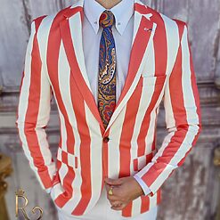 Sacou de barbati alb in dungi corai croiala Slim Fit SC651 3