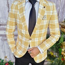 Sacou de barbati alb in dungi galbene croiala Slim Fit – SC526 2