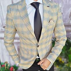 Sacou de barbati bej in dungi albastre croiala Slim Fit – SC524 2