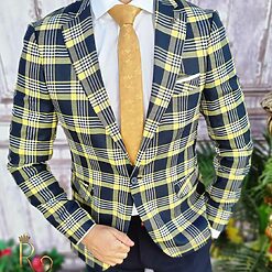 Sacou de barbati bleumarin carouri galbene croiala Slim Fit – SC510 2