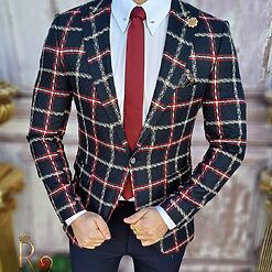 Sacou de barbati bleumarin in carouri croiala Slim Fit SC615 2