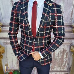 Sacou de barbati bleumarin in carouri croiala Slim Fit SC615 4