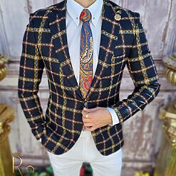 Sacou de barbati bleumarin in carouri croiala Slim Fit SC649 2